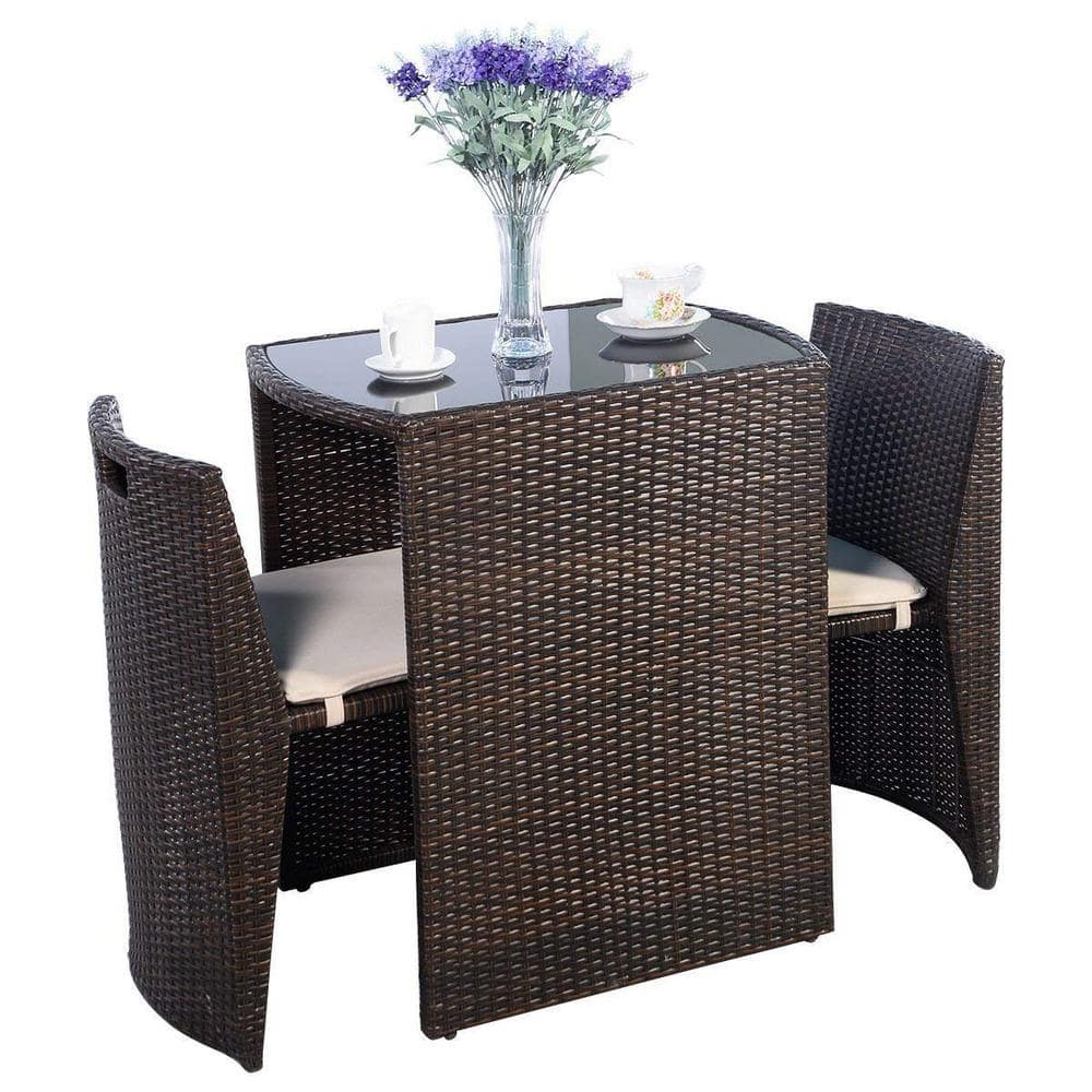 Brown 3-Piece Wicker Patio Conversation Set with Beige Cushions