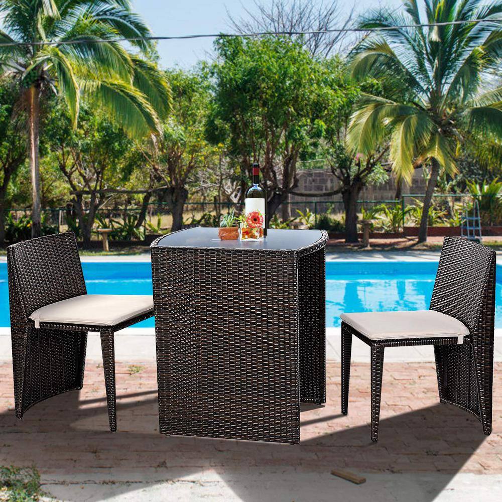 Brown 3-Piece Wicker Patio Conversation Set with Beige Cushions