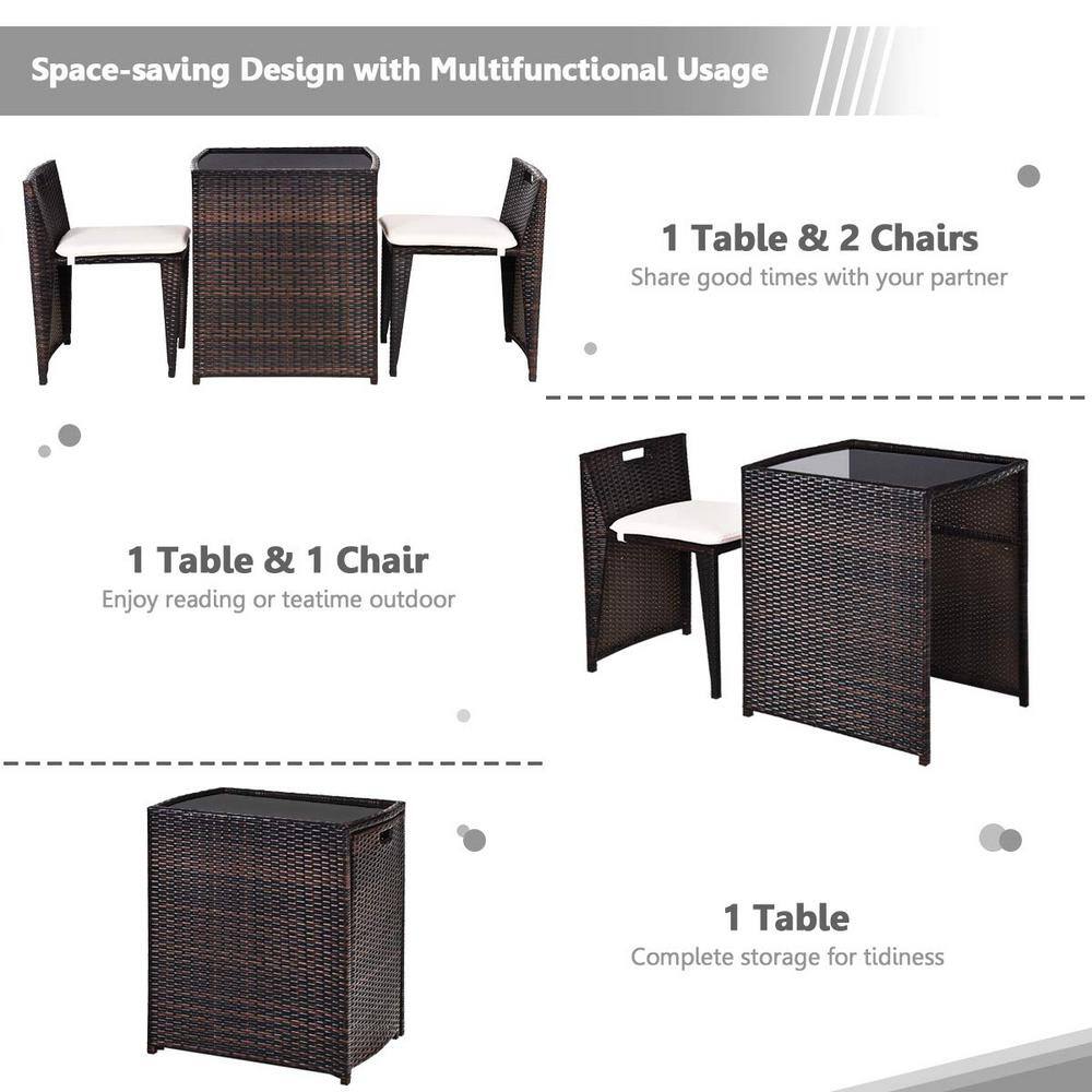 Brown 3-Piece Wicker Patio Conversation Set with White Cushions