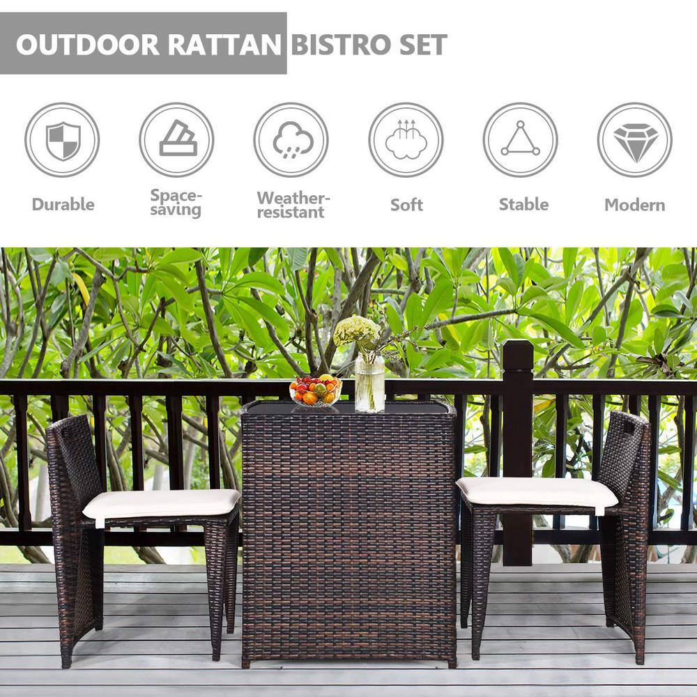 Brown 3-Piece Wicker Patio Conversation Set with White Cushions