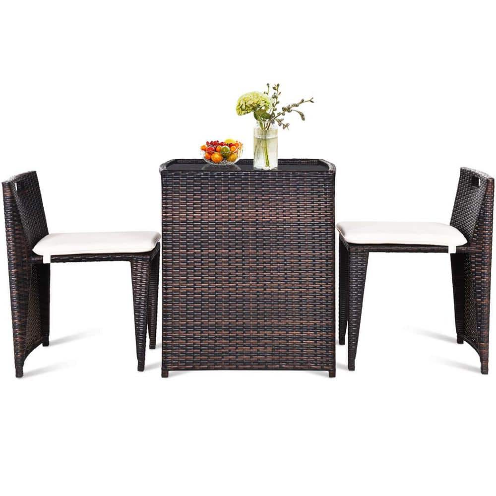 Brown 3-Piece Wicker Patio Conversation Set with White Cushions
