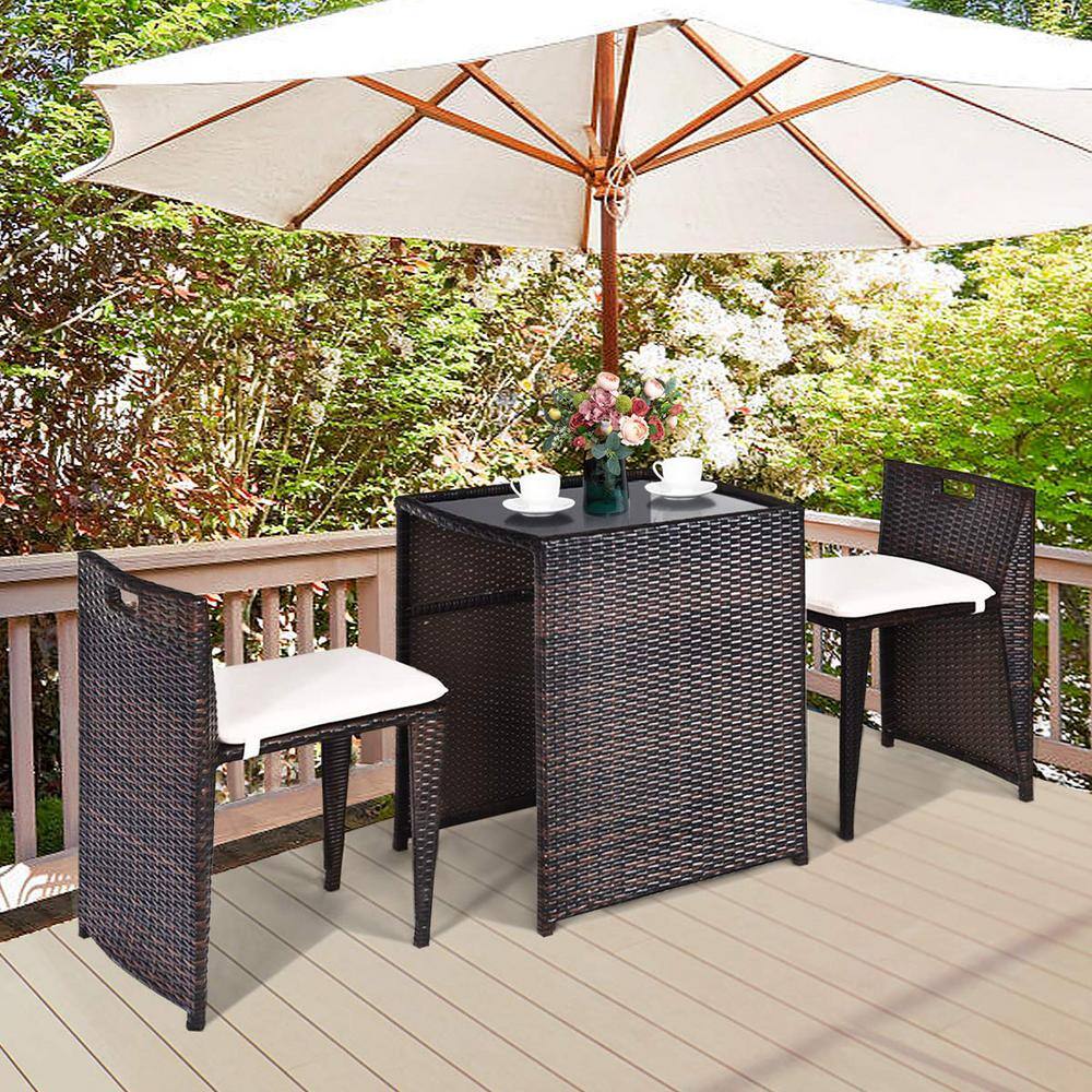 Brown 3-Piece Wicker Patio Conversation Set with White Cushions