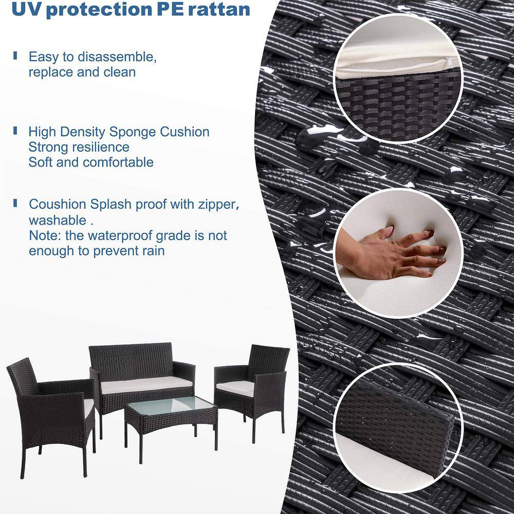 Black 4-Piece Wicker Patio Conversation Seating Set with Beige Cushions