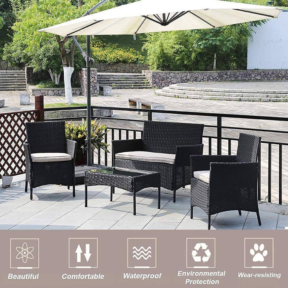 Black 4-Piece Wicker Patio Conversation Seating Set with Beige Cushions