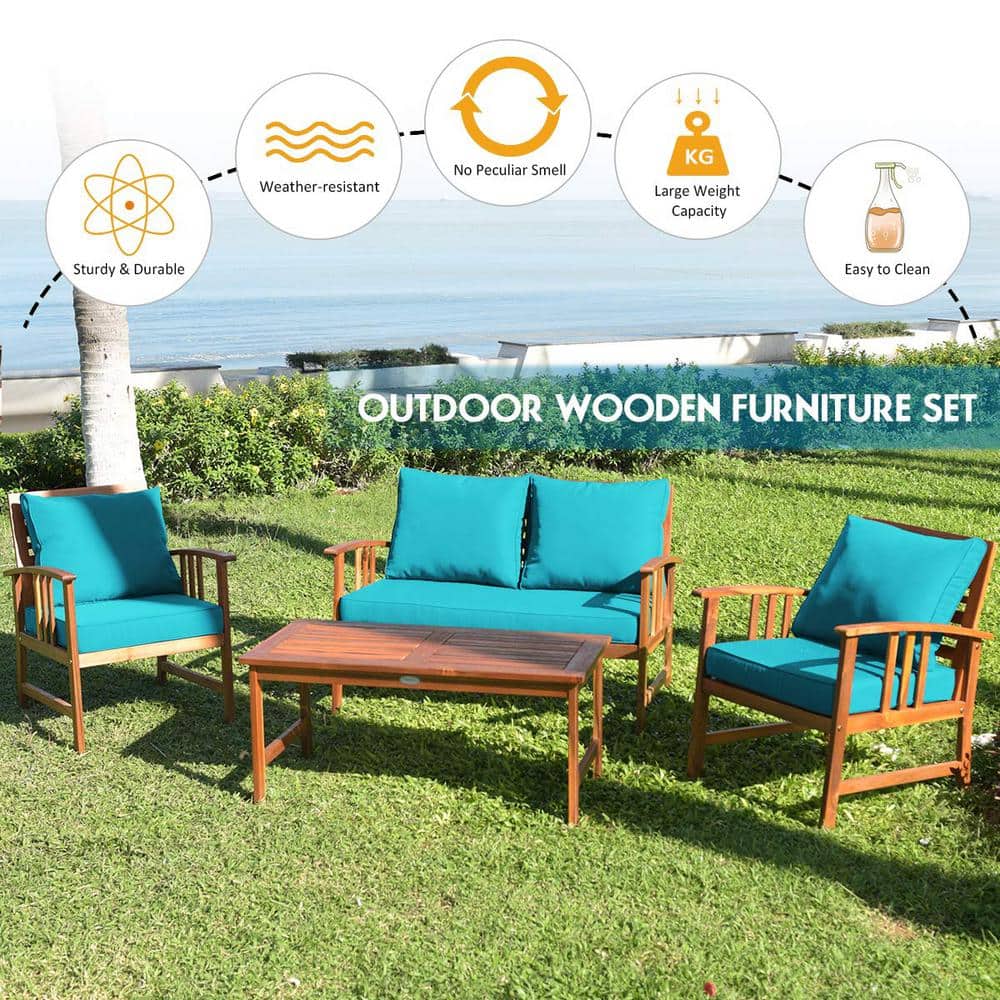 4-Piece Wood Patio Conversation Set with Turquoise Cushions