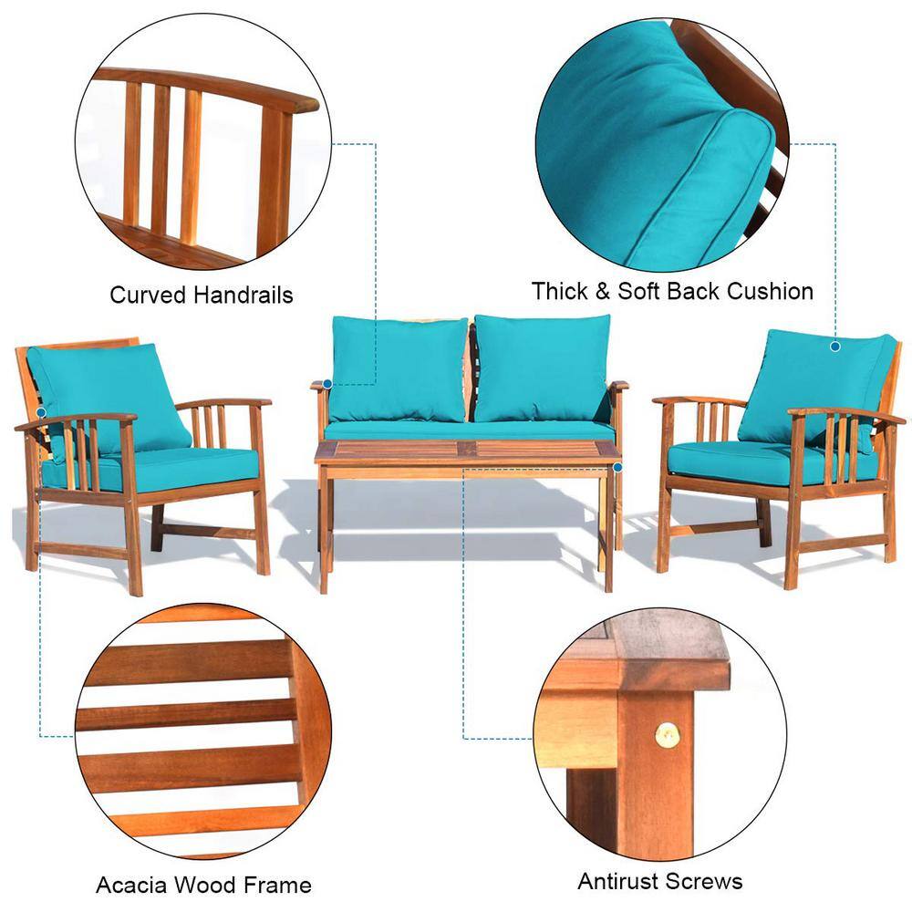 4-Piece Wood Patio Conversation Set with Turquoise Cushions