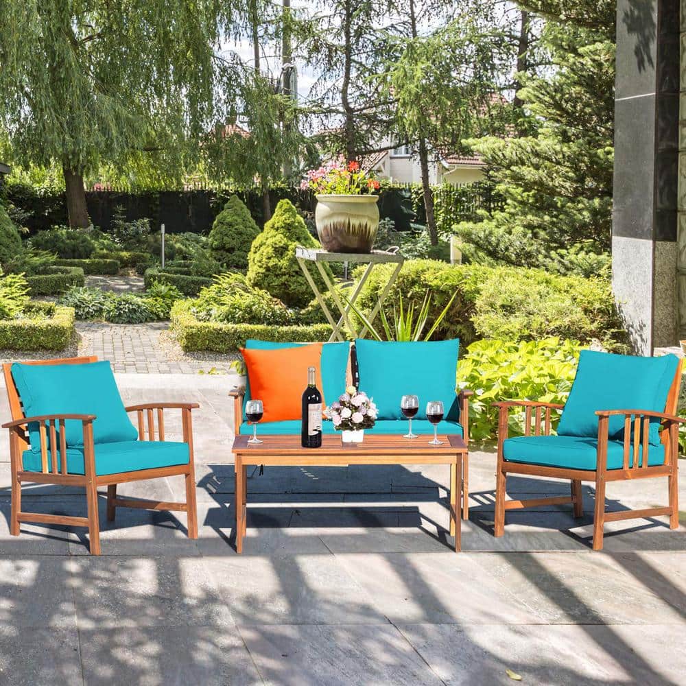 4-Piece Wood Patio Conversation Set with Turquoise Cushions