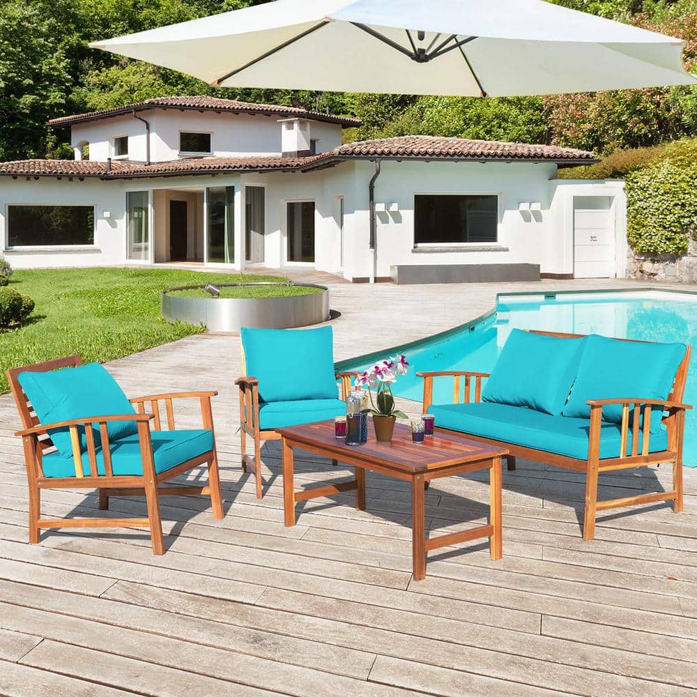 4-Piece Wood Patio Conversation Set with Turquoise Cushions