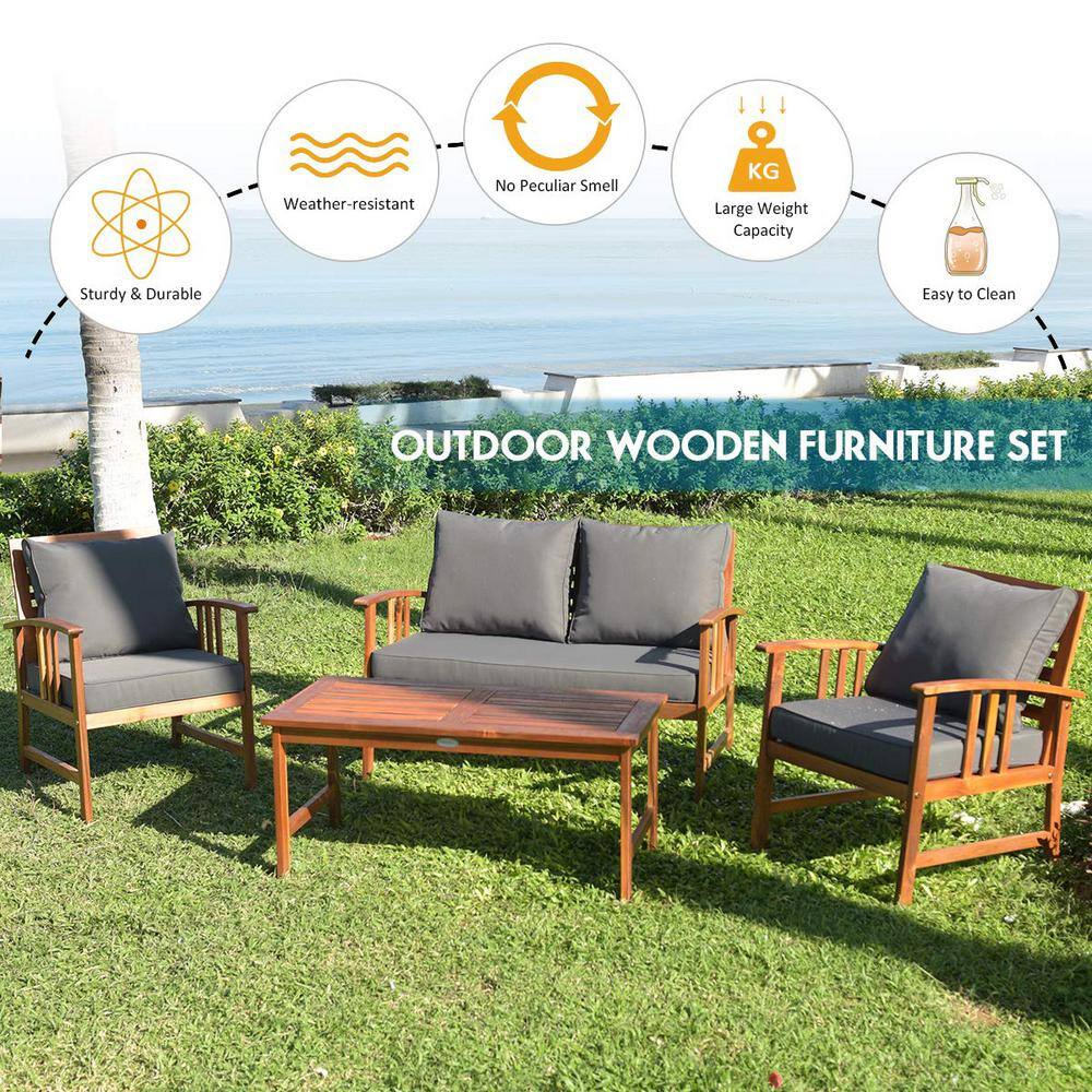 4-Piece Wood Patio Conversation Set with Gray Cushions