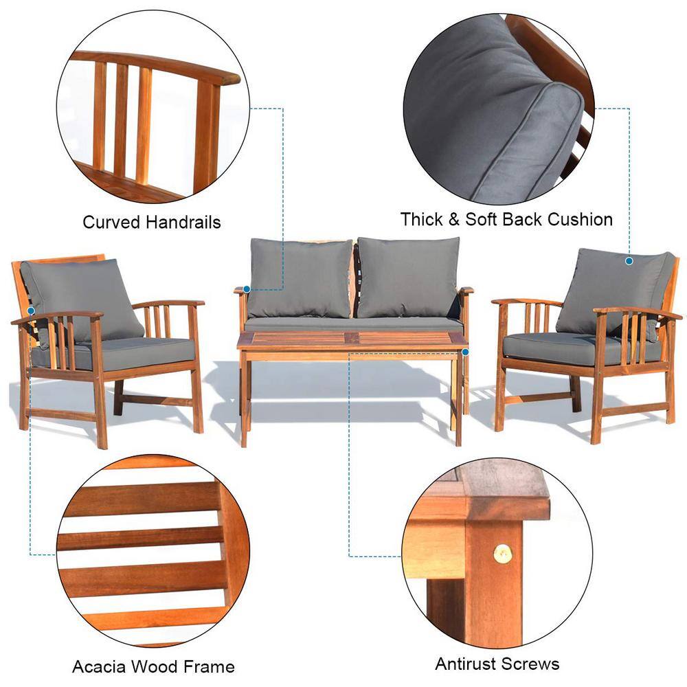 4-Piece Wood Patio Conversation Set with Gray Cushions