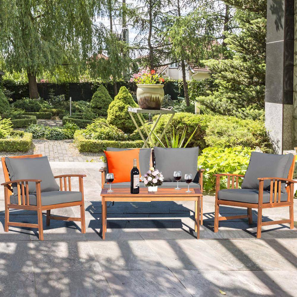 4-Piece Wood Patio Conversation Set with Gray Cushions