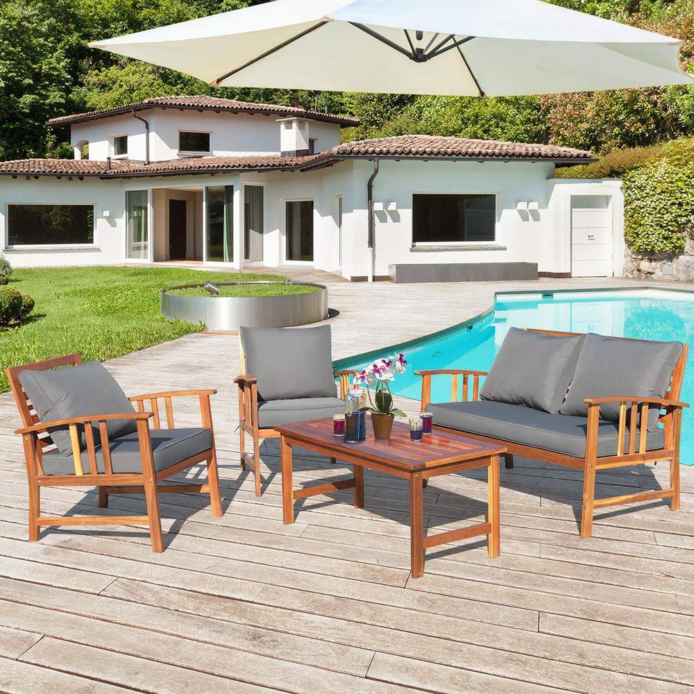 4-Piece Wood Patio Conversation Set with Gray Cushions