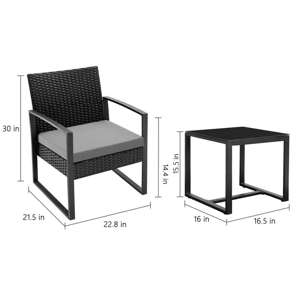 3-Piece Wicker Patio Conversation Set Bistro Furniture Set with Gray Cushions
