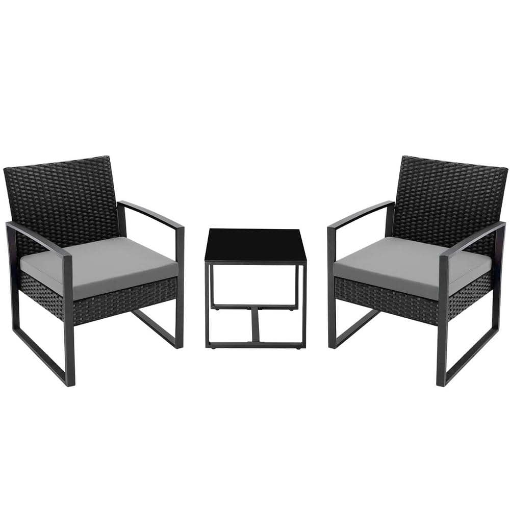 3-Piece Wicker Patio Conversation Set Bistro Furniture Set with Gray Cushions