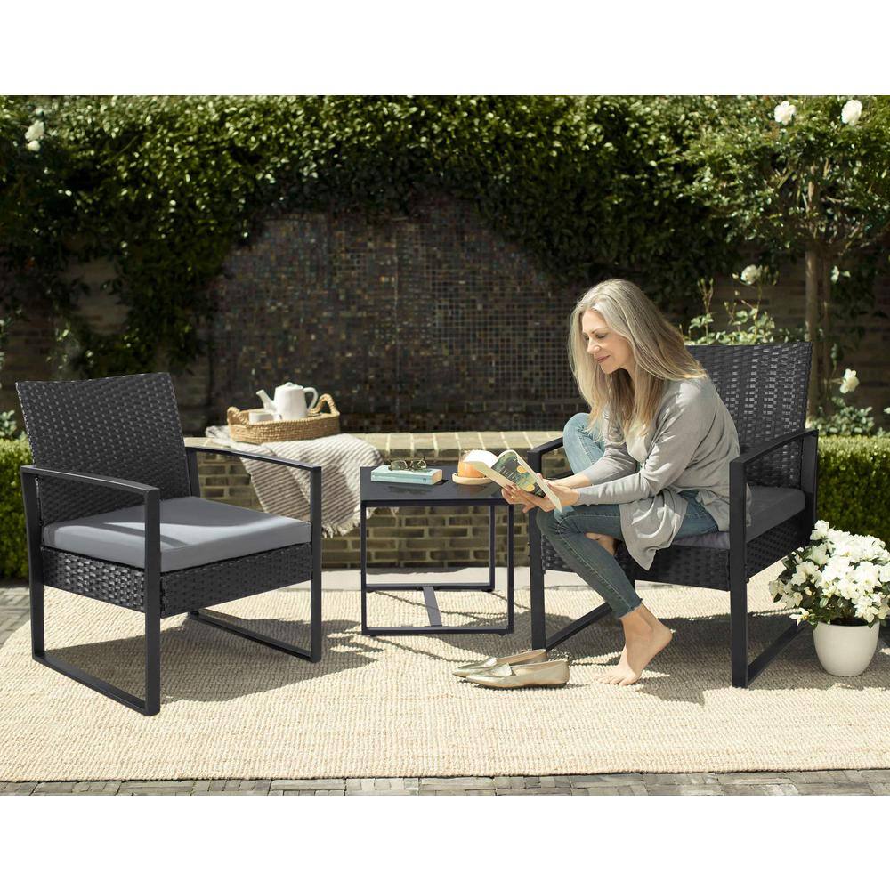 3-Piece Wicker Patio Conversation Set Bistro Furniture Set with Gray Cushions