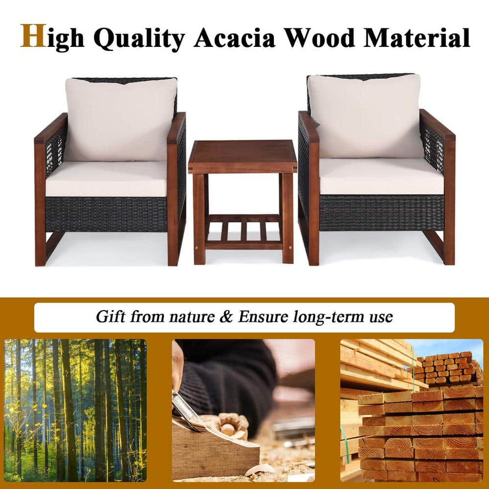 3-Pieces Wicker Outdoor Patio Conversation Set with Wooden Frame and Beige Cushion