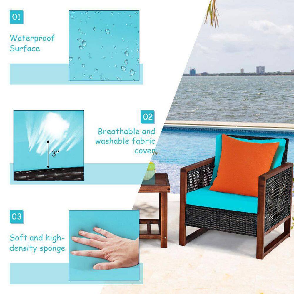 3-Pieces Wicker Outdoor Patio Conversation Set with Wooden Frame and Turquoise Cushion