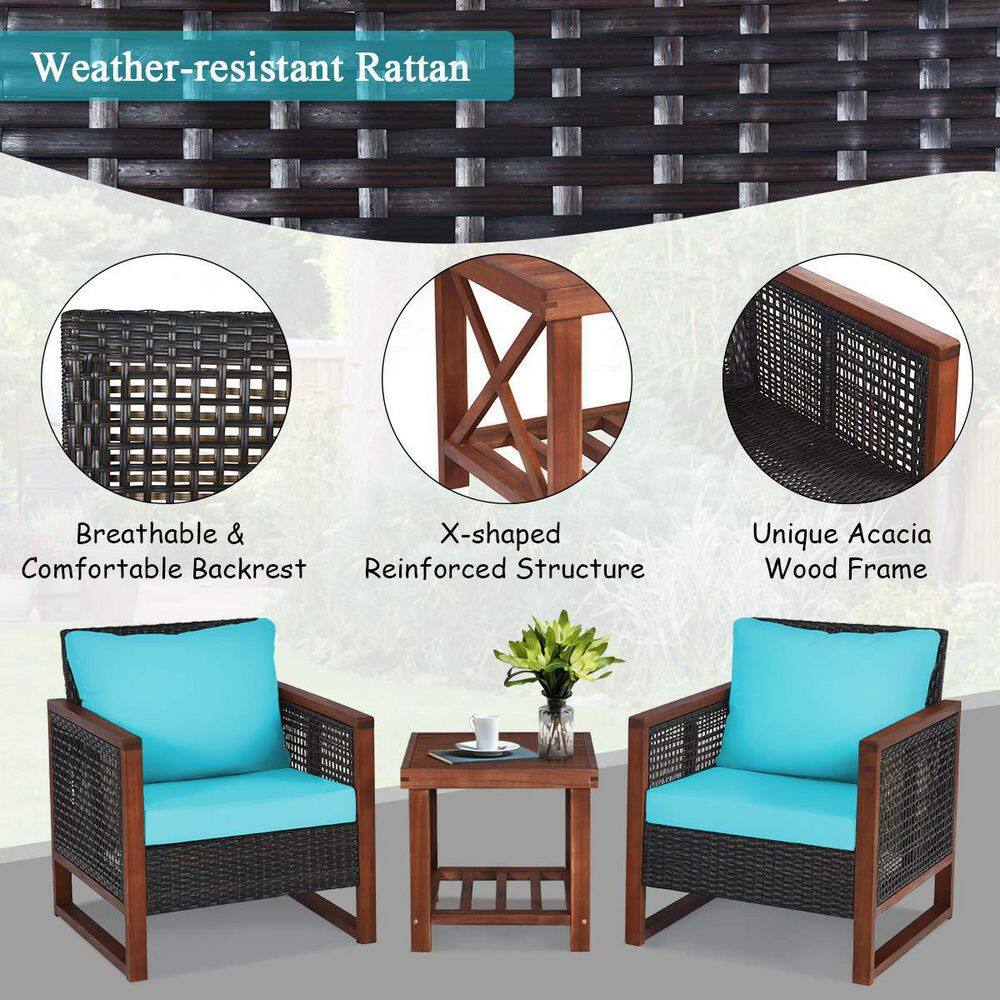 3-Pieces Wicker Outdoor Patio Conversation Set with Wooden Frame and Turquoise Cushion