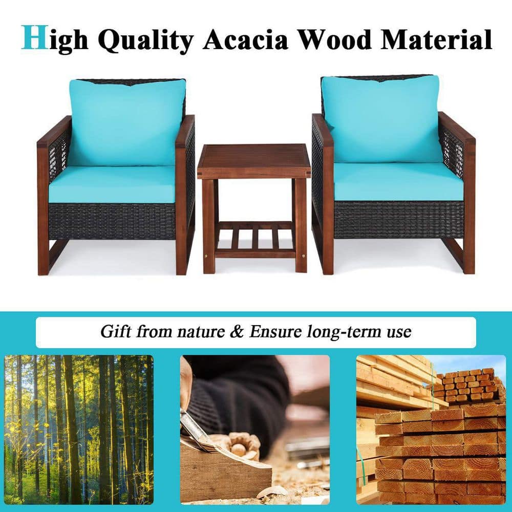 3-Pieces Wicker Outdoor Patio Conversation Set with Wooden Frame and Turquoise Cushion