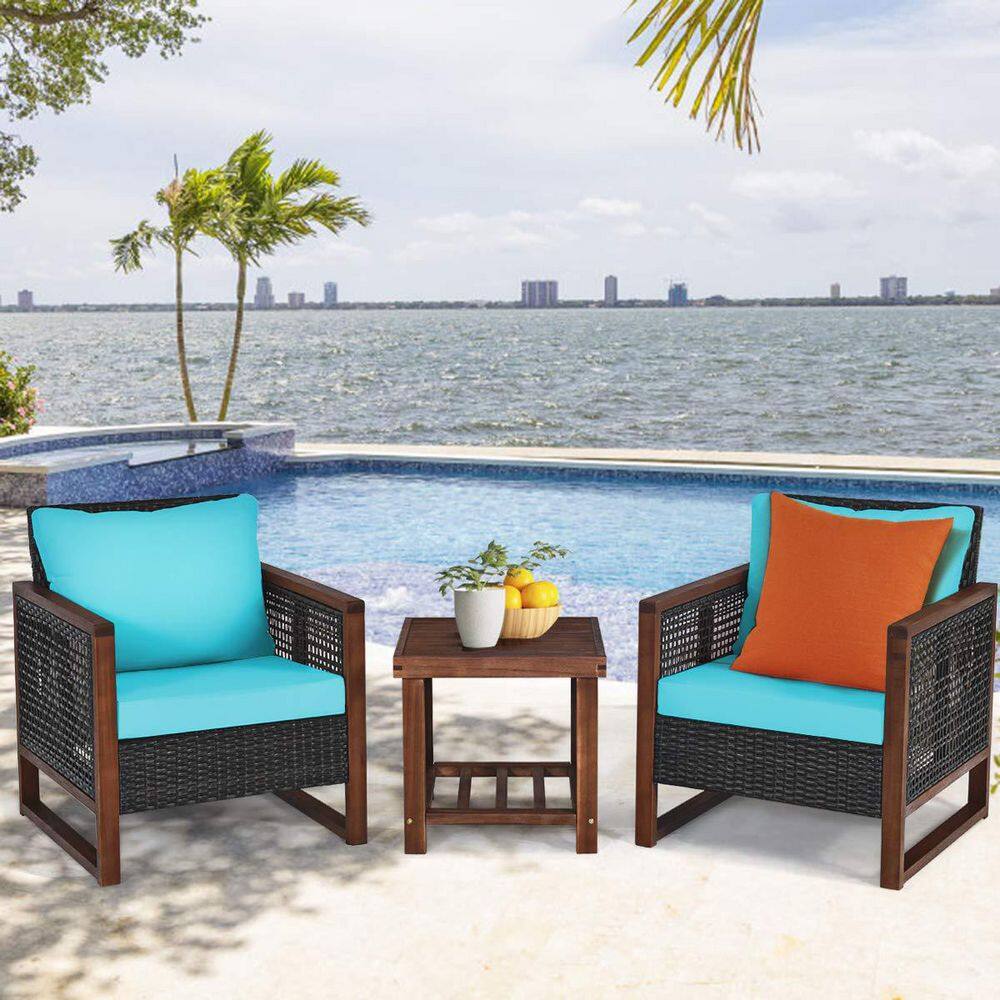 3-Pieces Wicker Outdoor Patio Conversation Set with Wooden Frame and Turquoise Cushion