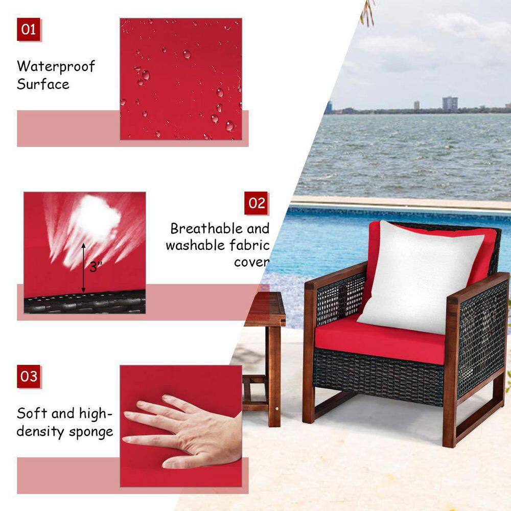 3-Pieces Wicker Outdoor Patio Conversation Set with Wooden Frame and Red Cushions