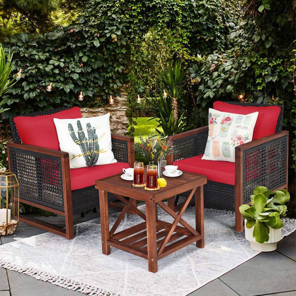3-Pieces Wicker Outdoor Patio Conversation Set with Wooden Frame and Red Cushions