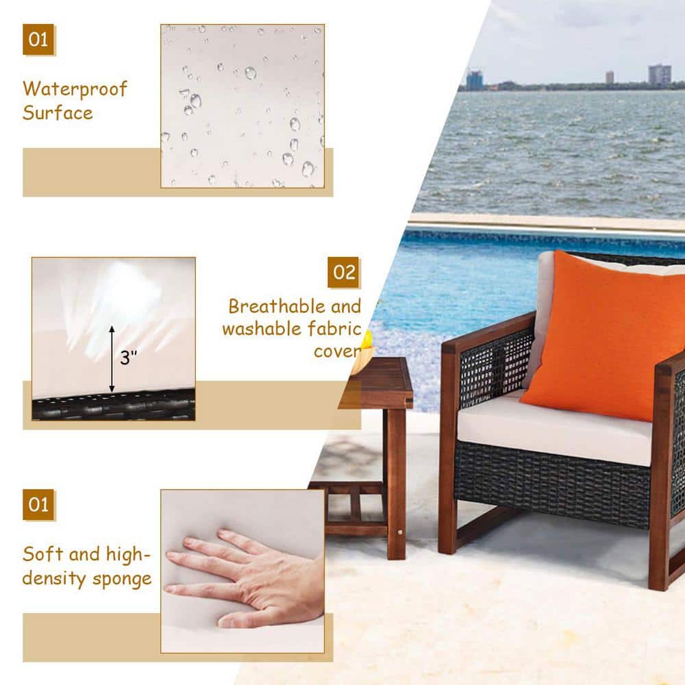3-Pieces Wicker Outdoor Patio Conversation Set with Wooden Frame and Beige Cushion