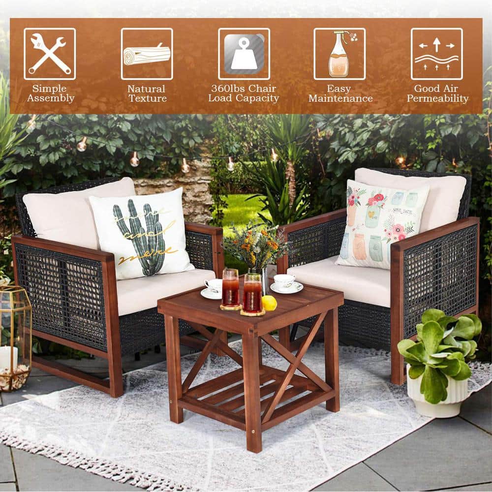 3-Pieces Wicker Outdoor Patio Conversation Set with Wooden Frame and Beige Cushion