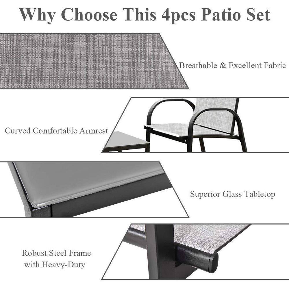 Gray 4-Piece Metal Patio Conversation Set with Glass Top Coffee Table