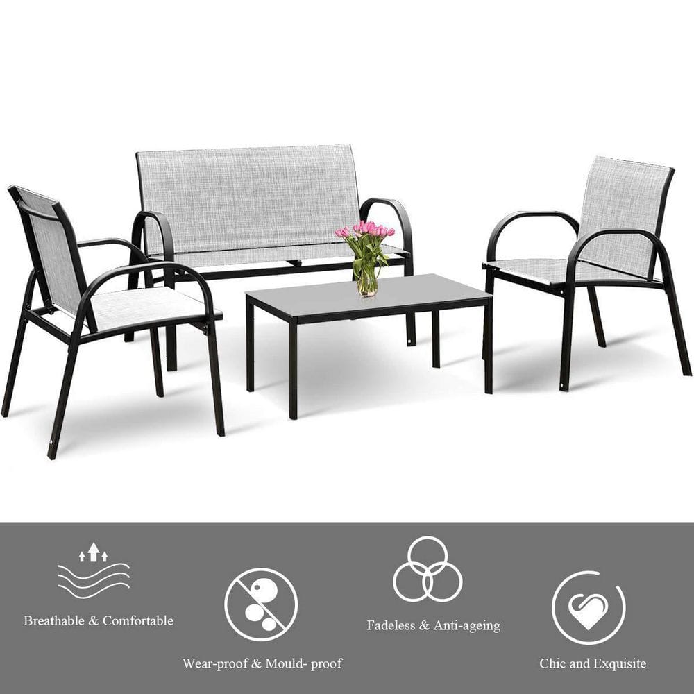 Gray 4-Piece Metal Patio Conversation Set with Glass Top Coffee Table