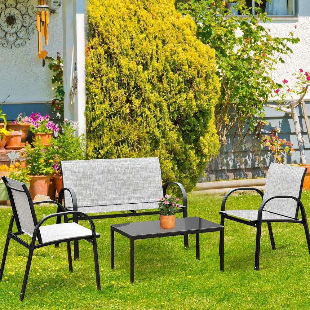Gray 4-Piece Metal Patio Conversation Set with Glass Top Coffee Table