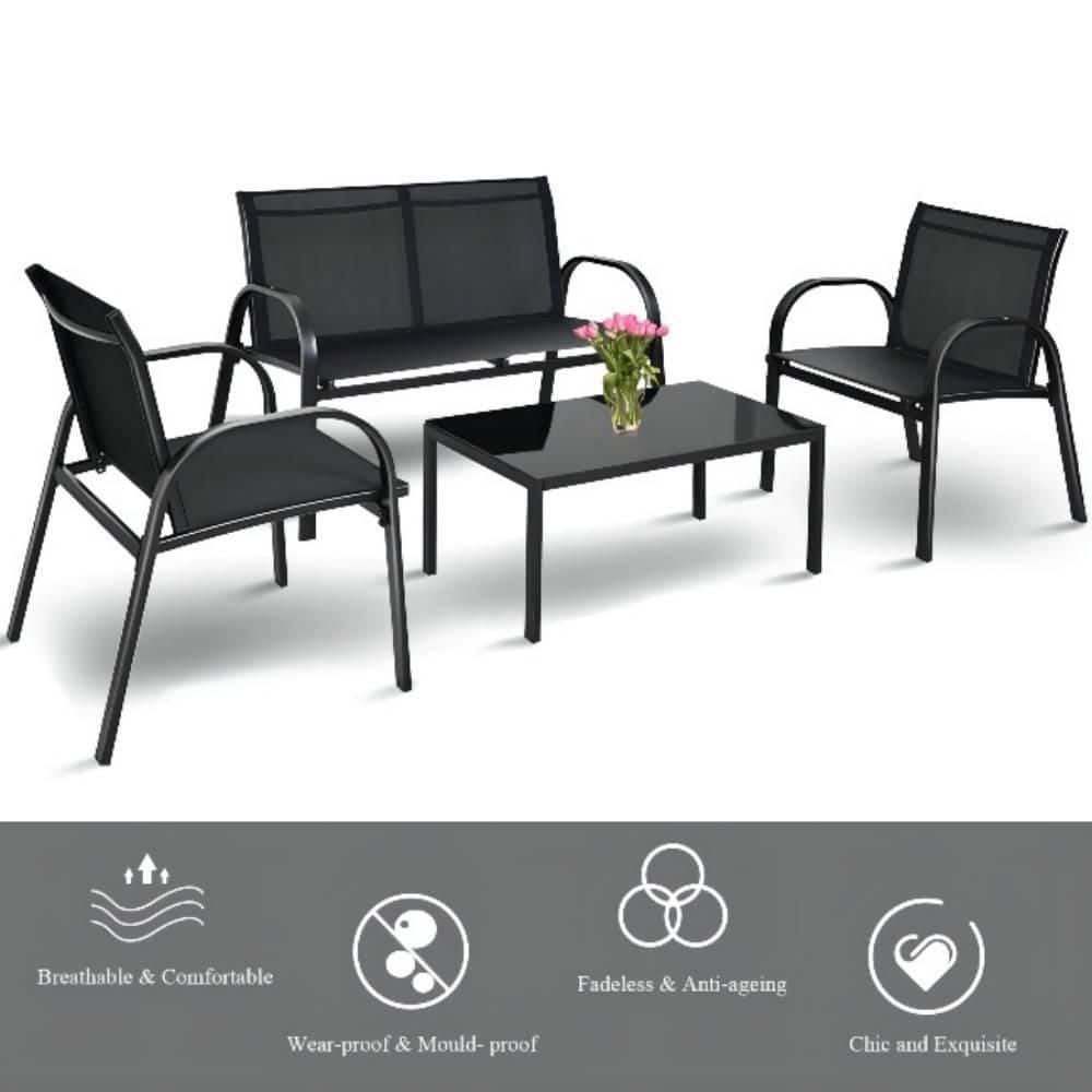Black 4-Piece Metal Patio Conversation Set with Glass Top Coffee Table