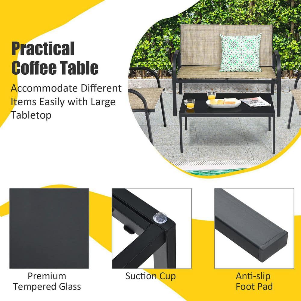 Brown 4-Piece Metal Patio Conversation Set with Glass Top Coffee Table