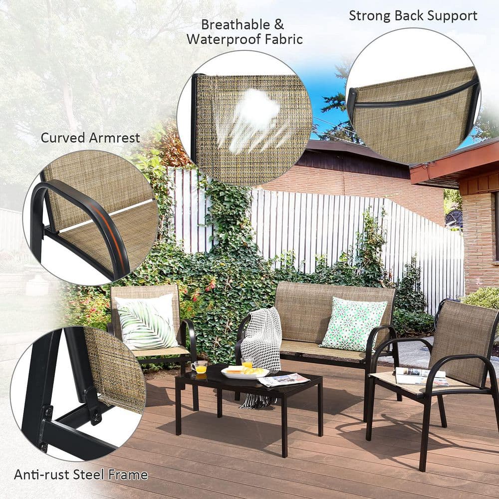 Brown 4-Piece Metal Patio Conversation Set with Glass Top Coffee Table