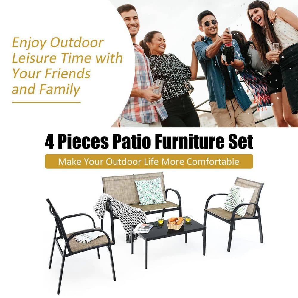 Brown 4-Piece Metal Patio Conversation Set with Glass Top Coffee Table