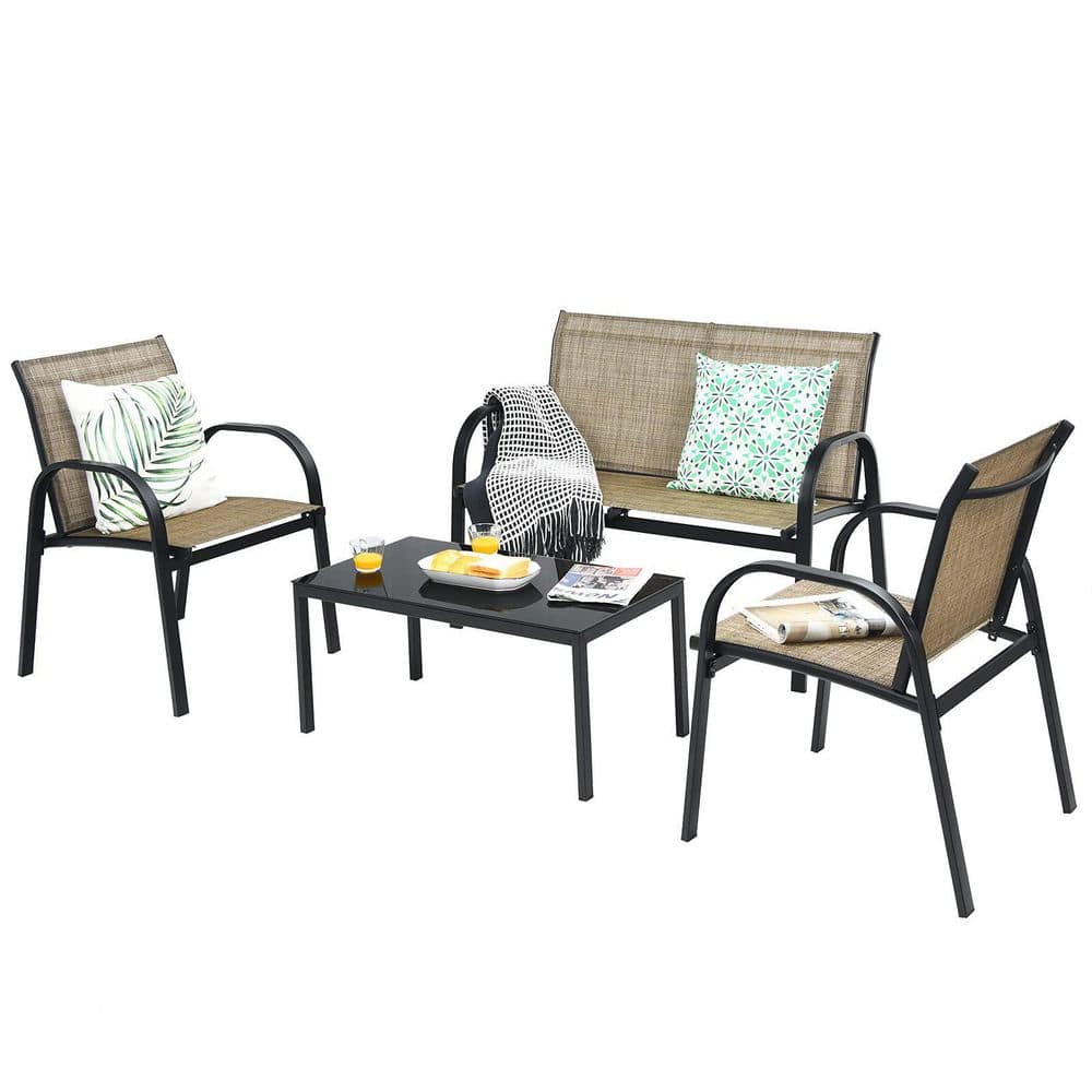Brown 4-Piece Metal Patio Conversation Set with Glass Top Coffee Table