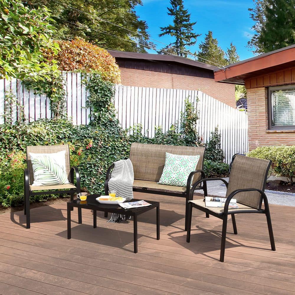 Brown 4-Piece Metal Patio Conversation Set with Glass Top Coffee Table