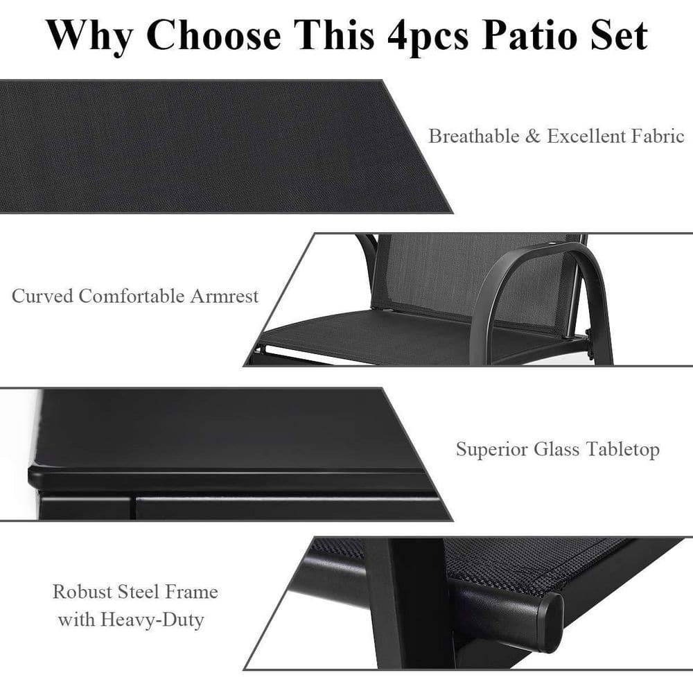 Black 4-Piece Metal Patio Conversation Set with Glass Top Coffee Table