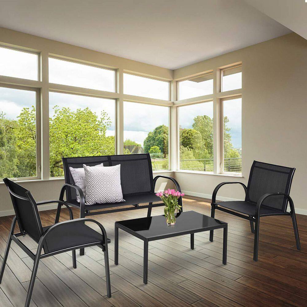 Black 4-Piece Metal Patio Conversation Set with Glass Top Coffee Table