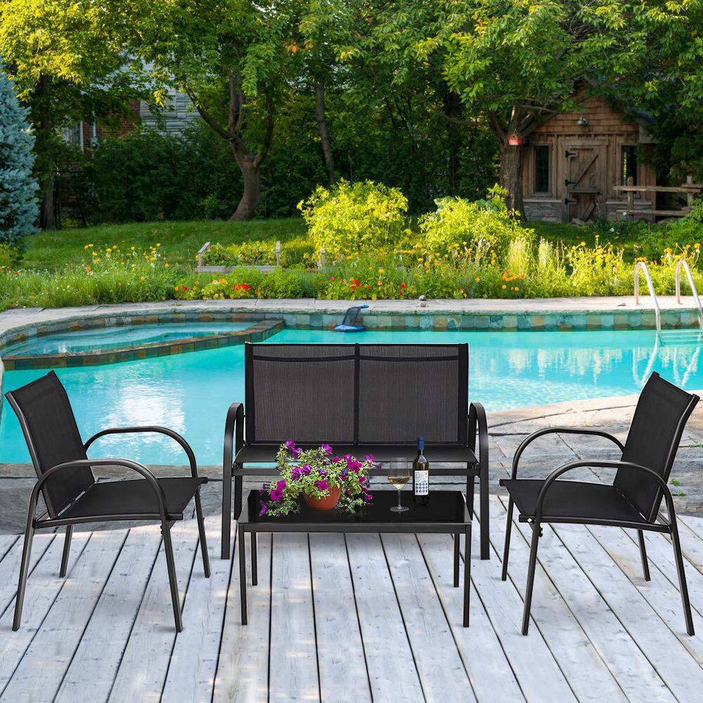 Black 4-Piece Metal Patio Conversation Set with Glass Top Coffee Table