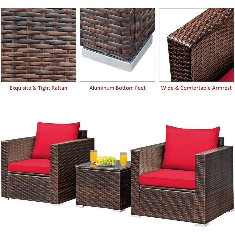 3-Piece Wicker Patio Conversation Set Sofa with Red Cushions