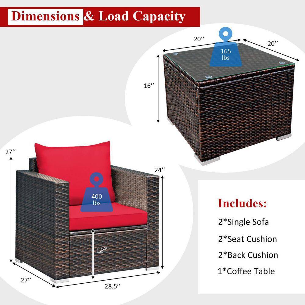 3-Piece Wicker Patio Conversation Set Sofa with Red Cushions