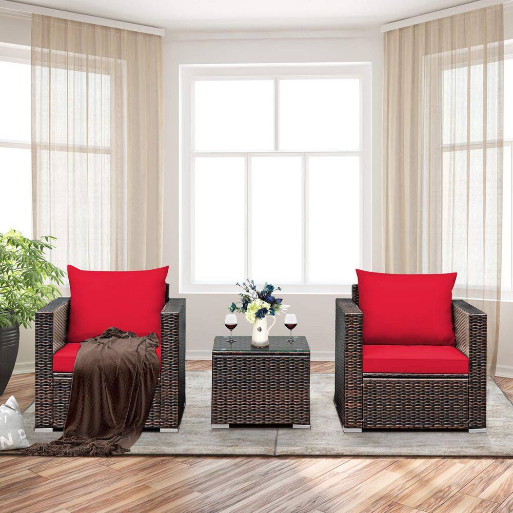 3-Piece Wicker Patio Conversation Set Sofa with Red Cushions