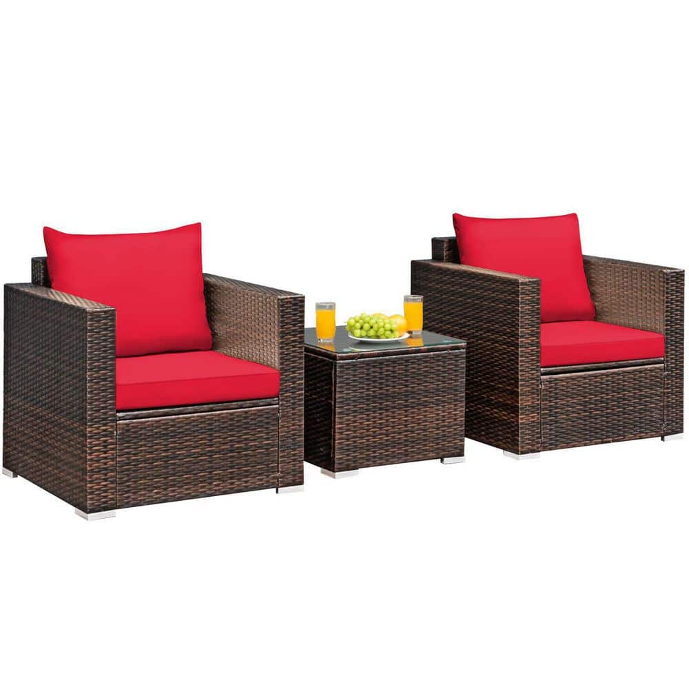 3-Piece Wicker Patio Conversation Set Sofa with Red Cushions