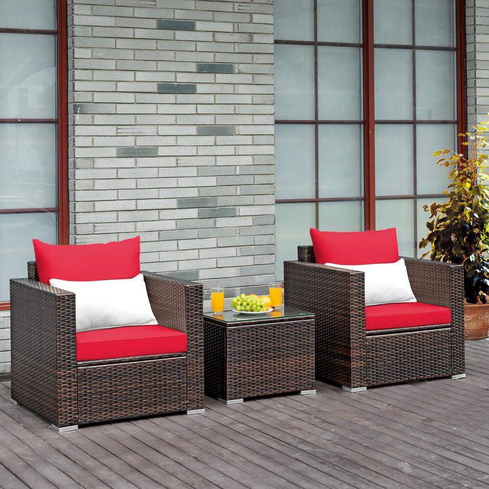 3-Piece Wicker Patio Conversation Set Sofa with Red Cushions