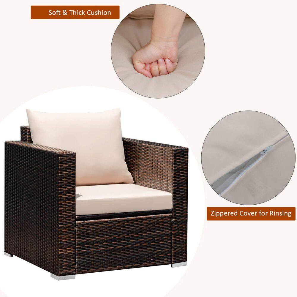 3-Piece Wicker Patio Conversation Set Sofa with Beige Cushions