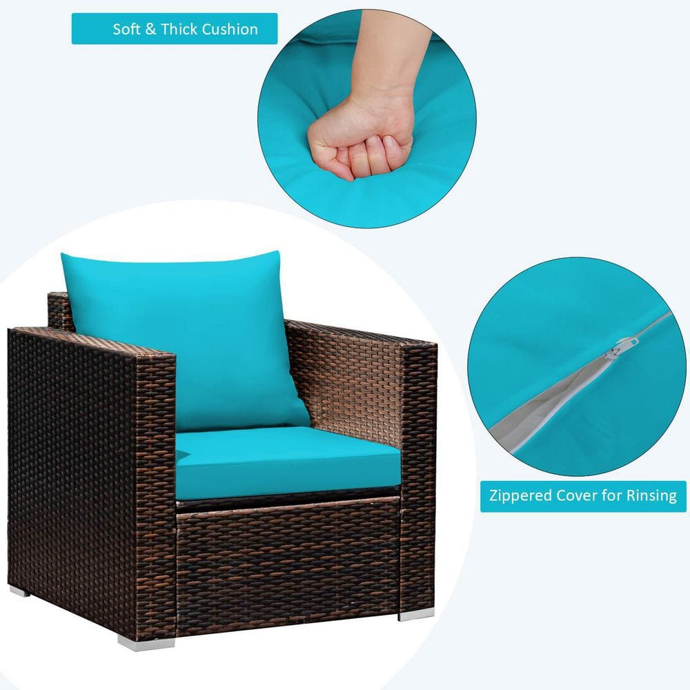3-Piece Wicker Patio Conversation Set Sofa with Turquoise Cushions