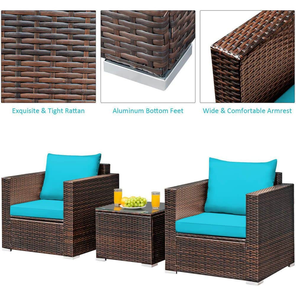 3-Piece Wicker Patio Conversation Set Sofa with Turquoise Cushions