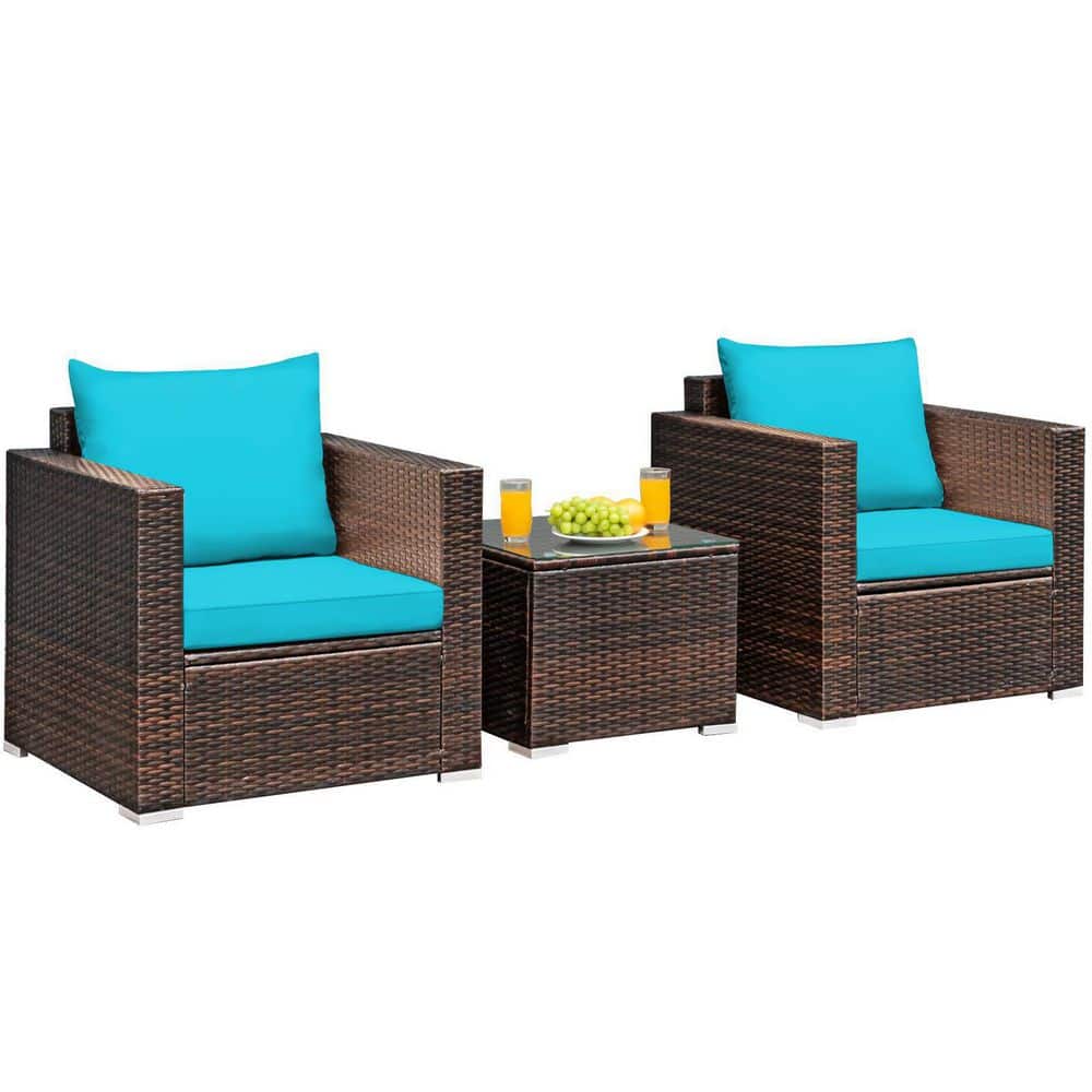 3-Piece Wicker Patio Conversation Set Sofa with Turquoise Cushions
