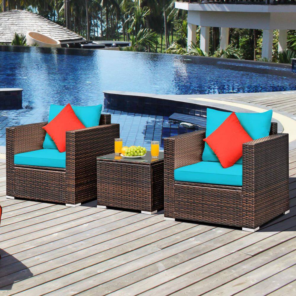 3-Piece Wicker Patio Conversation Set Sofa with Turquoise Cushions